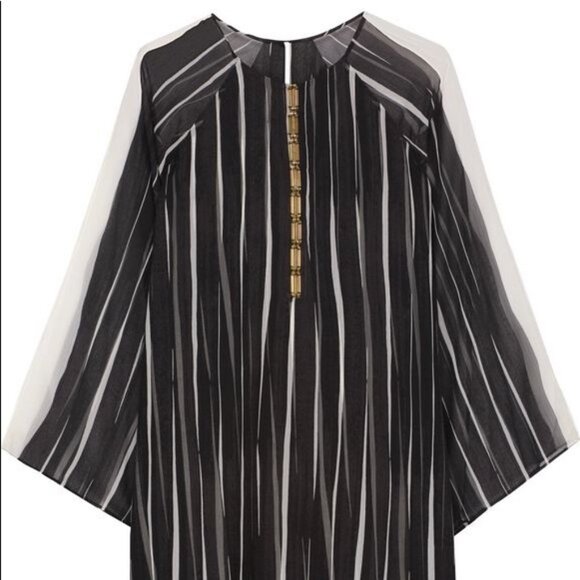Halston Heritage Black Stripe Mini Dress, Crinkle Chiffon, Gold Detail, Sz. XL - Picture 8 of 11